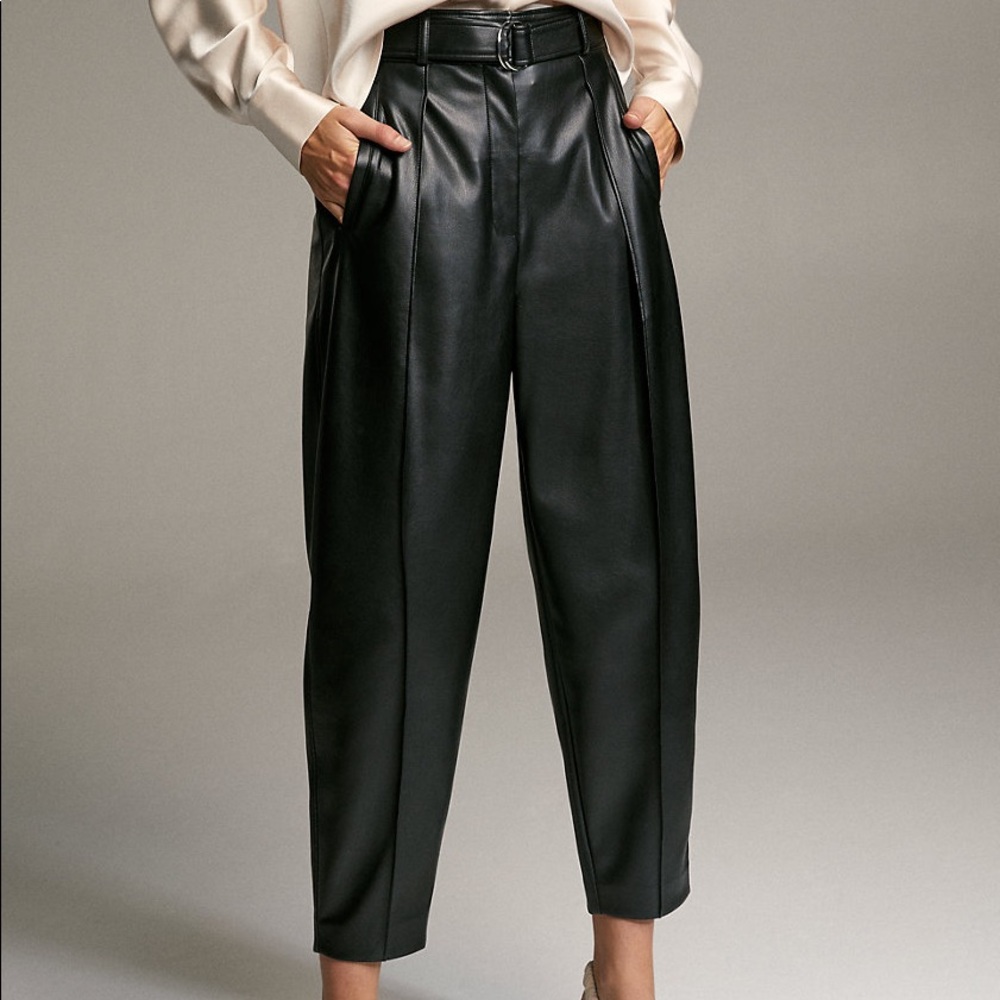 Babaton Vegan Leather Belted High-Rise Trouser Pant in Black (Size 0)